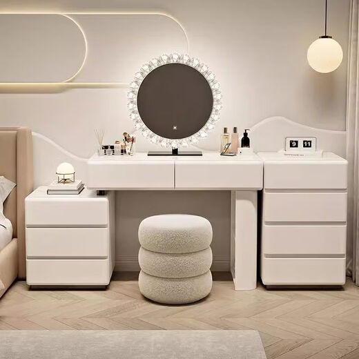 Yusenyi 2024 new dressing table, bedroom and drawers, one-piece modern simple solid wood dressing table and bedside table, small apartment cream 0:8m dressing table + three drawers + crystal mirror + pier stool assembled solid wood frame + white