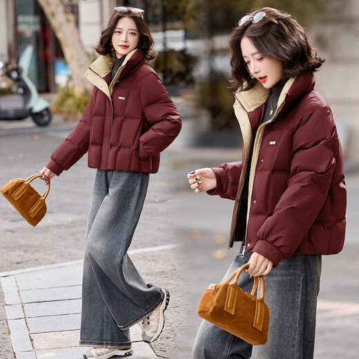 LISM shopping mall same style high-end down jacket temperament short down jacket women's fashion stand-up collar stitching contrasting color thickened security red S recommended 90-110Jin Jin equals 0.5 kg b