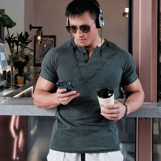 Summer casual American retro Henley shirt short-sleeved fitness tough guy T-shirt men's slim heavyweight thick threaded bottoming shirt Gray M Recommended weight 50-60kg