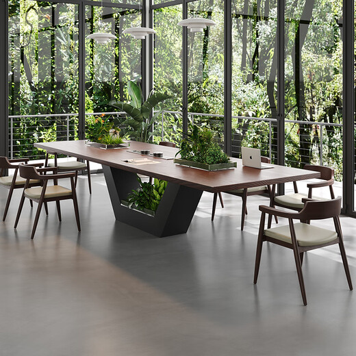 Oscarden large conference room table and chair combination, light luxury and high-end solid wood large table workbench with planter slots and embedded sockets, one table and ten chairs, 3m table + Hiroshima chairs*10