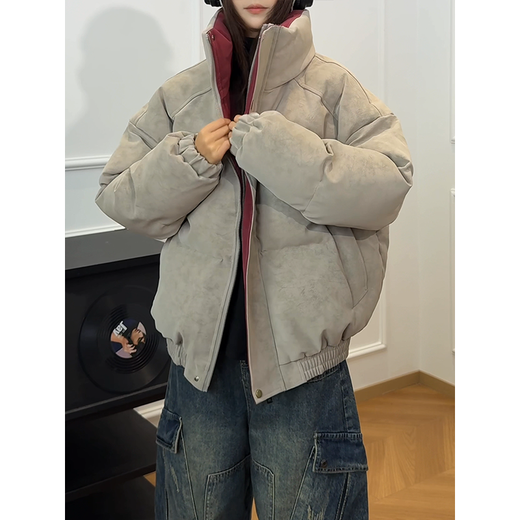 NYING matte pu leather cotton jacket men's winter new trendy brand contrasting color stand-up collar thickened warm cotton coat loose cotton jacket gray XL (140-160Jin Jin equals 0.5 kg)