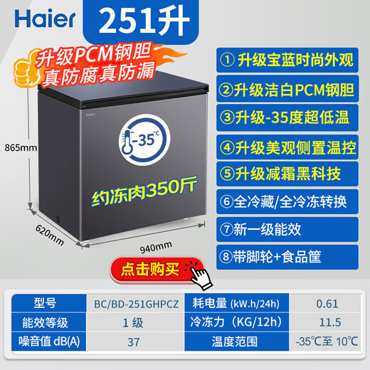 海尔（Haier）宝蓝251升单温冰柜家用小型-35度超低温大容量无需频繁除霜300升以下冷冻柜BC/BD-251GHPCZ补贴