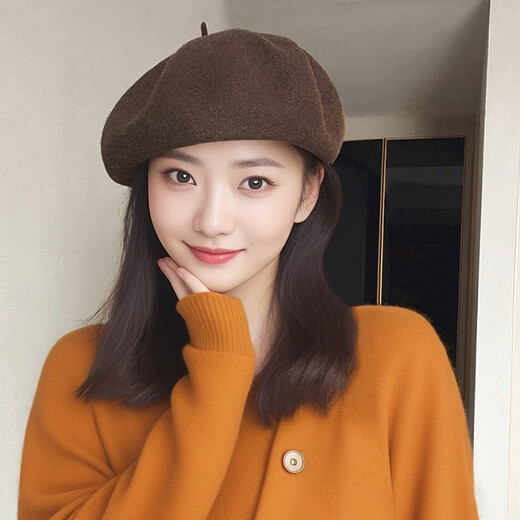 Hanqing mid-summer large version autumn and winter woolen three-dimensional beret women's Japanese high-end large head circumference painter's hat bud hat fashion dark brown L elastic code
