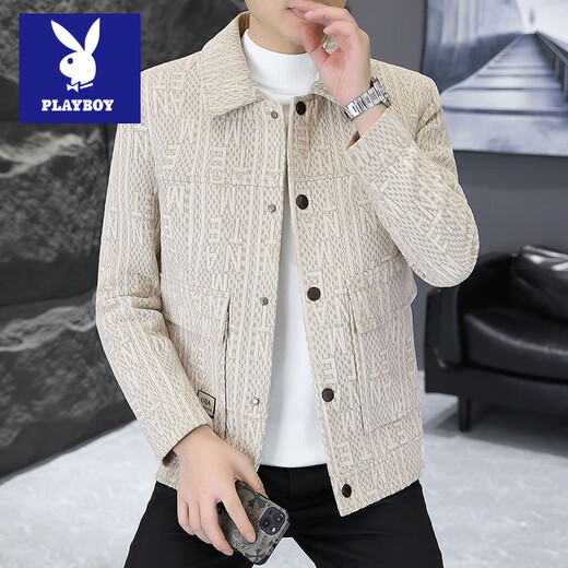 Playboy winter velvet thickened jacket men's trendy and handsome slim fit lapel casual short woolen windbreaker jacket apricot velvet XL recommended 130-150Jin Jin equals 0.5 kg