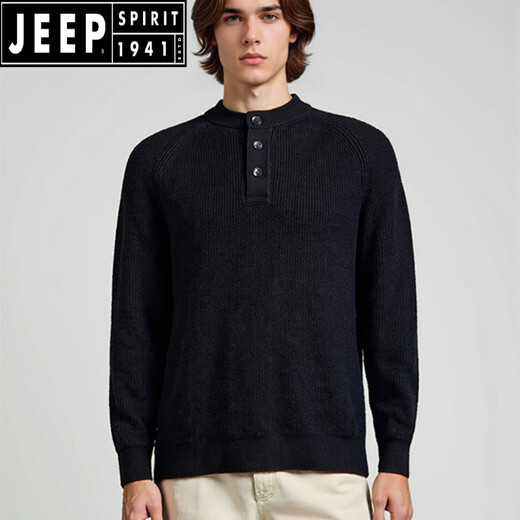 JEEP SPIRIT Old Money Style Henley Collar Sweater 25 Autumn and Winter Men's Lazy Loose Long Sleeve Textured Button Stand Collar Sweater Black S