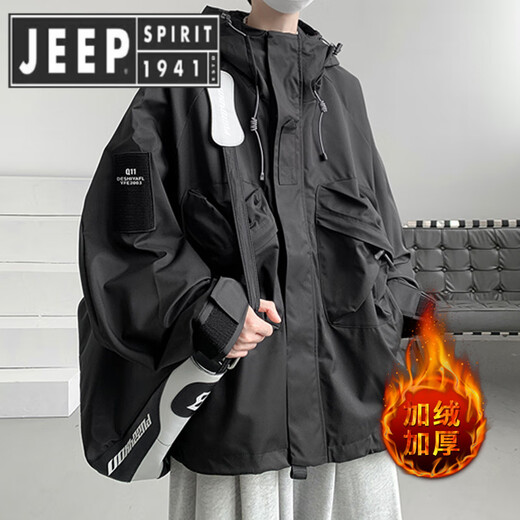 JEEP SPIRIT American Plus Size Extra Size Jacket Men's Large Size 300 Jin Jin equals 0.5 kg Hooded Jacket Spring and Autumn Workwear Functional Jacket Black Velvet M 80 to 100 Jin Jin equals 0.5 kg Can be worn