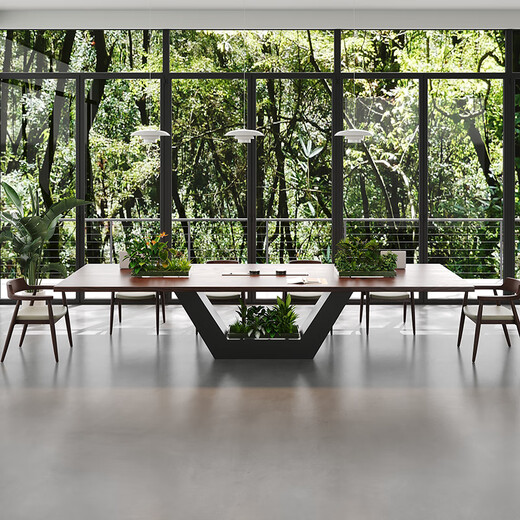 Oscarden large conference room table and chair combination, light luxury and high-end solid wood large table workbench with planter slots and embedded sockets, one table and ten chairs, 3m table + Hiroshima chairs*10