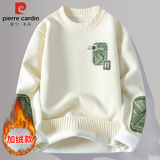 皮尔卡丹（pierre cardin）加绒卫衣男秋冬季潮流长袖T恤男士半高领休闲毛衣男装 米白 XL