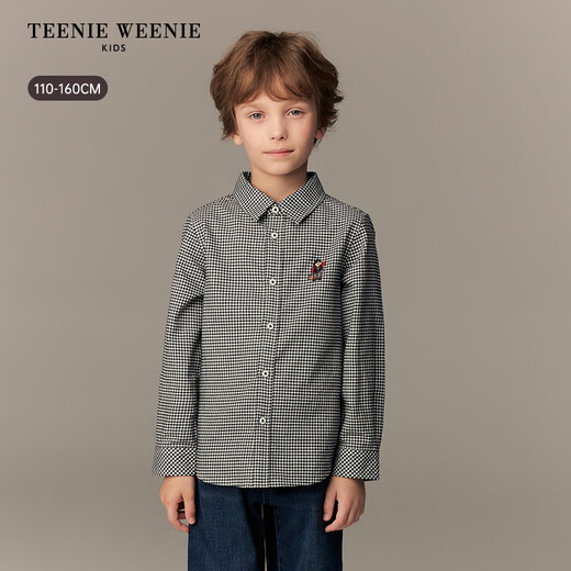 Teenie Weenie Kids 26th New Year Boys Classic Plaid Long Sleeve Lapel Shirt Black 140 cm