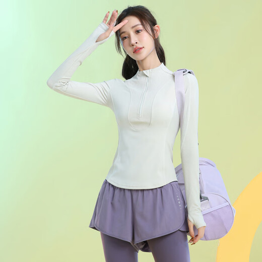 Best velvet long-sleeved yoga top autumn and winter half-zip fitness quick-drying clothing women's training Pilates tights light apricot long-sleeved M