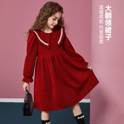 ASK JUNIOR New Year's wear, girls' skirts, winter clothes, children's lapels, velvet glitter princess skirts, performance clothes, red 140