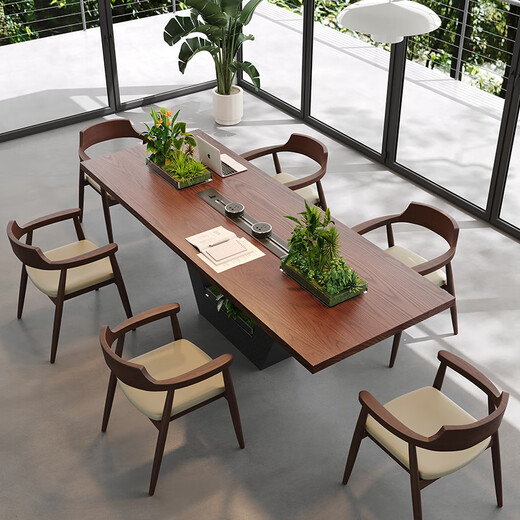 Oscarden large conference room table and chair combination, light luxury and high-end solid wood large table workbench with planter slots and embedded sockets, one table and ten chairs, 3m table + Hiroshima chairs*10
