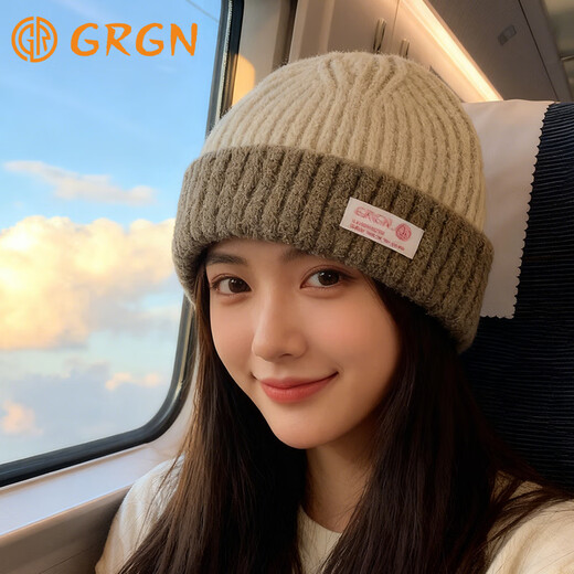 GRGN woolen hat women's winter warm knitted hat large head circumference thickened Baotou hat cold protection ear hat confinement hat