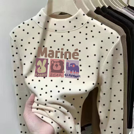 Girls' German velvet long-sleeved T-shirt in autumn and winter for older children, cartoon polka-dot half turtleneck top, warm inner layering shirt, apricot hello Hello Kitty 110