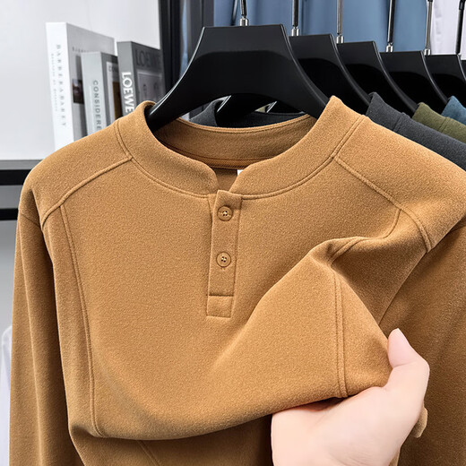 FULEHL autumn and winter double-sided velvet men's Henry collar long-sleeved T-shirt gray M