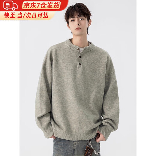 Cotton snow gray American Henry collar sweater for men autumn and winter 2025 new thickened warm sweater jacket with sweater inside light gray L 165CM-175CM