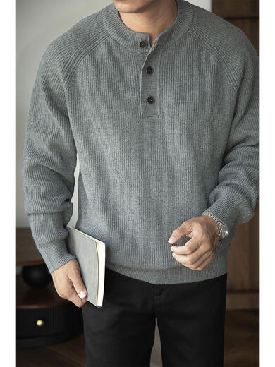 American heavyweight widened frame feeling 7 knitting henley sweater anti-wrinkle warm men's autumn and winter matte blue gray S S