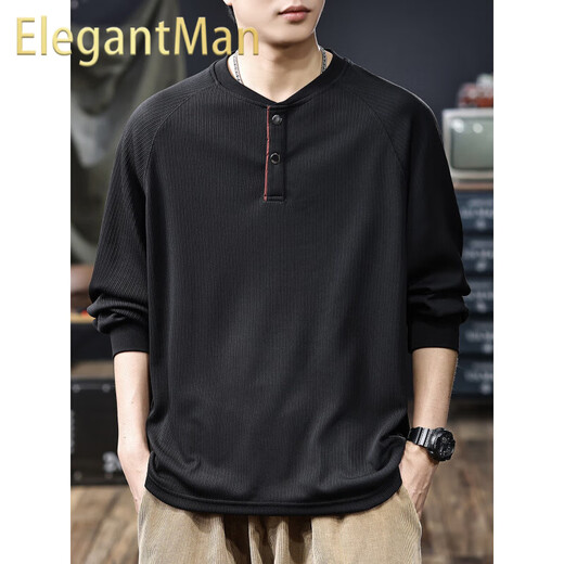ElegantMan American classic textured striped sweatshirt for men 2025 autumn new loose Henry collar long-sleeved bottoming shirt black M _Suitable_-125Jin Jin is equal to 0.5 kg