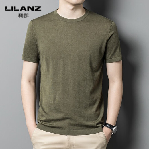 Lilang worsted wool short-sleeved T-shirt men's round neck summer thin cool high count super fine solid color half-sleeved woolen sweater gray green thin 4XL (190)