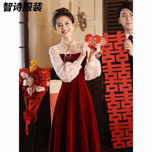 Meianjia Toast Wear Bridal New New Chinese Style Slim Fit Velvet Engagement Wedding Dress Dress Burgundy 2XL