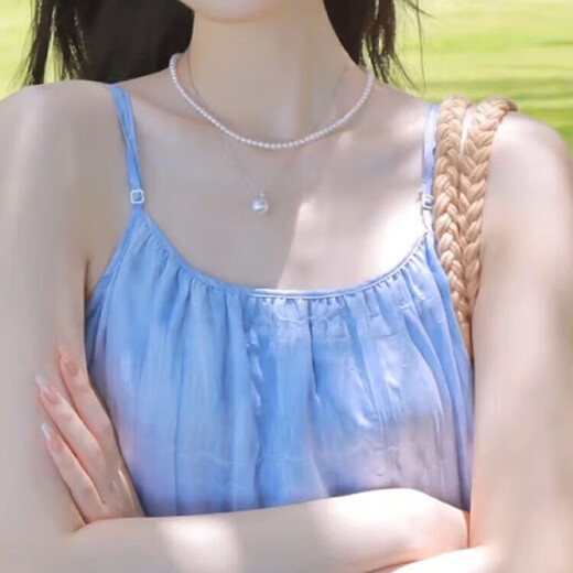 Everlasting Leaf Princess Style Pearl Pendant S925 Silver Princess Diana Style Perfect Round Aurora Natural Freshwater Pearl Necklace for Women Stackable 7-8mm