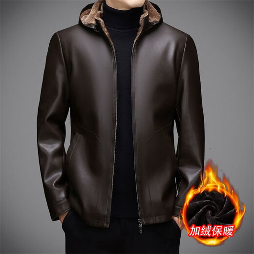 JOEONE 2025 Autumn and Winter Fur One-piece Stand Collar Hooded Leather Jacket Men's Velvet Thickened Casual Leather Jacket Black M