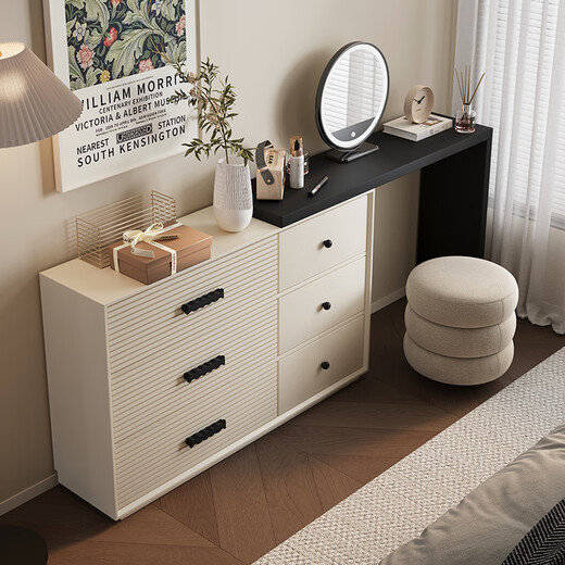 Pinyou French Master Bedroom Extremely Narrow Dressing Table and Cabinet Integrated Small Apartment High-Level 30cm Ultra-Thin Bedside Retractable Dressing Table Upgraded Model - ENF Grade Solid Wooden Board 1 Meter Dressing Table + 1.2 Meter Six Drawer Cabinet + Makeup Stool