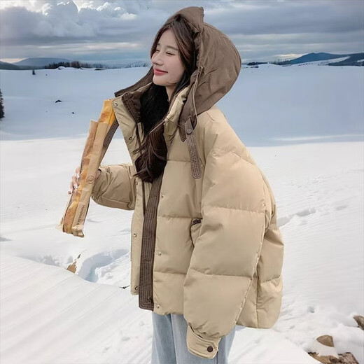 Miao Yijia Cotton Clothes Women's 2025 New Winter Jackets Cotton Clothes Cotton Jackets Short Style Western Style Student Small People High-end Fashion Khaki Contrast Color Zipper Pocket Cotton Clothes One Size Recommended 120Jin Jin is equal to 0.5kg within