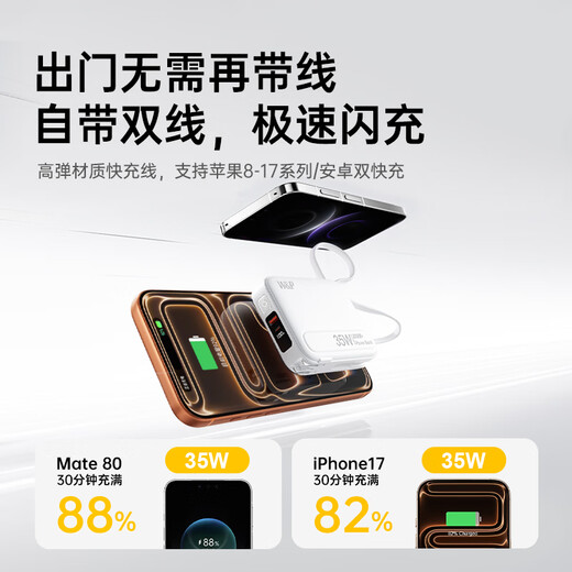 W&P new national standard 3C certification can be used on airplanes 35W power bank 20000 mAh three-in-one comes with two-wire AC plug large capacity fast charging mobile power supply Apple Huawei Elegant White top version upgraded model comes with two-wire flash charging + AC folding plug