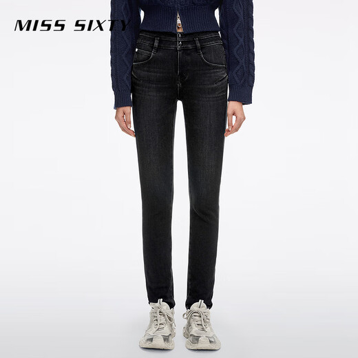 MISS SIXTY2025 Winter New Composite Velvet Jeans Women's Double Button Waist Slimming Small Foot Pencil Pants Black Gray 27