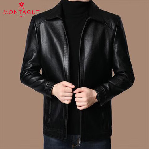 梦特娇（MONTAGUT）真皮皮衣冬季中老年男士外套加绒加厚翻领爸爸装夹克春秋韩版男装 翻领棕色 薄款 4XL 195建议185斤-200斤