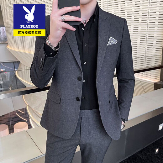 Playboy high-end suit suit for male groom and best man wedding suit Korean style slim fit Korean style lapel collar dress suit for men gray single coat 2XL recommended 135-150Jin Jin is equal to 0.5 kg