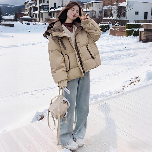 Miao Yijia Cotton Clothes Women's 2025 New Winter Jackets Cotton Clothes Cotton Jackets Short Style Western Style Student Small People High-end Fashion Khaki Contrast Color Zipper Pocket Cotton Clothes One Size Recommended 120Jin Jin is equal to 0.5kg within