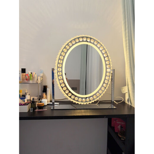 Oval Large Led Crystal Cosmetic Mirror Exquisite Lighting Cosmetic Mirror Desktop Popular Accessible Luxury Smart Filled Light Mirror Silver Medium Plug-in Model