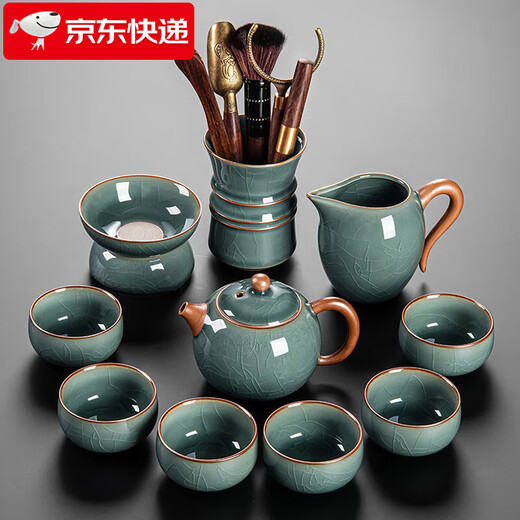 Xiangye Kung Fu Tea Set Ceramic Teapot Teacup Tea Tray Tea Maker Full Set Teapot Housewarming Gifts Ge Kiln Xin Yue Xi Shi Pot Tea Ceremony 10-piece Set