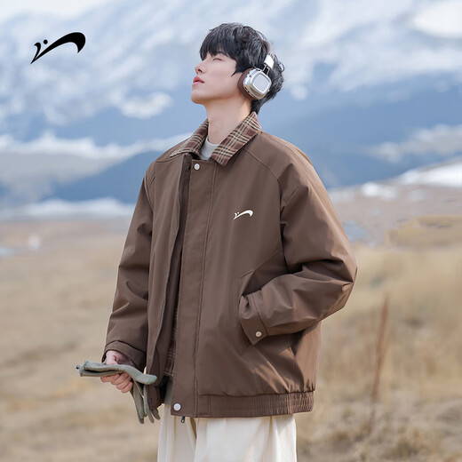 Guirenniao fake two-piece plaid cotton coat men's winter cold-proof lapel cotton jacket jacket coffee 2XL