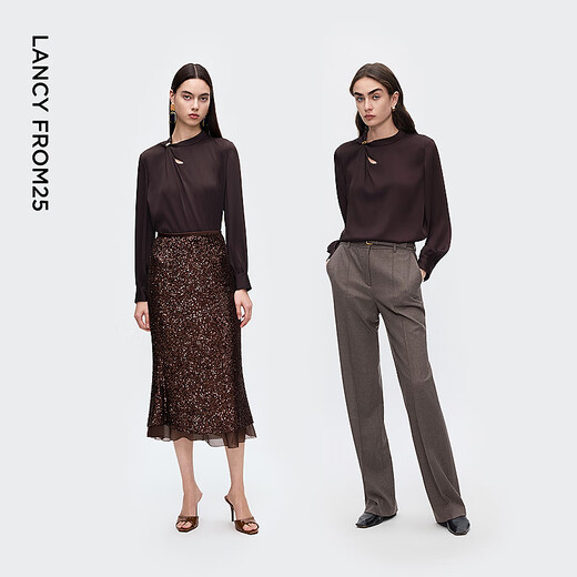 Langzi Pinch-pleat Hollow Design Shirt Fashionable Drape Commuting Metal Button Shirt 2025 Winter New Style Chocolate Color XL