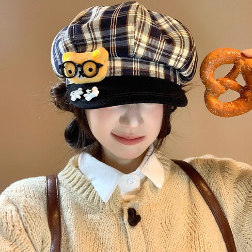 JIOESC японские милые очки, шляпа художника в клетку с медведем, восьмиугольный берет, женский осенне-зимний берет с большой окружностью головы, показывающий лицо, маленький берет в клетку с медведем в стиле ретро