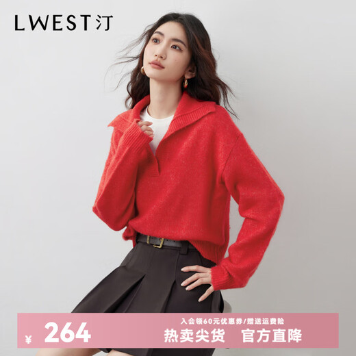 L.WEST Red Sweater Women's 2025 Winter New Atmosphere Temperament Lapel Loose Slim Pullover Top Red M 100-110Jin Jin is equal to 0.5 kg