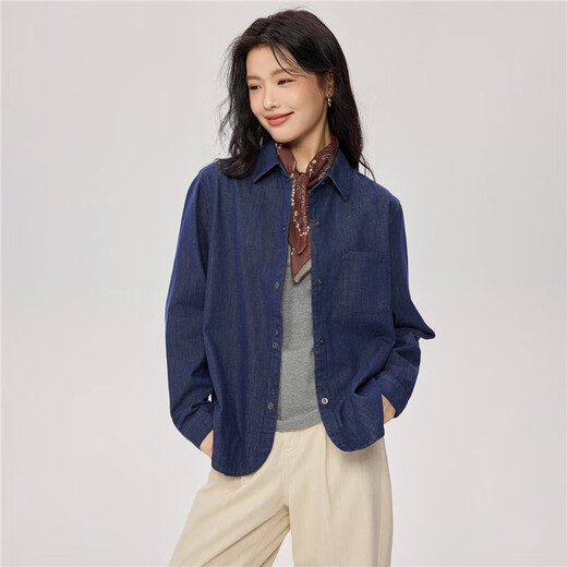 Giordano 2026 spring new single pocket curved hem loose long-sleeved denim shirt for women 05345860