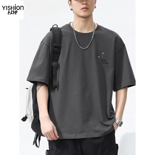 YISHION heavyweight pure cotton short-sleeved T-shirt men's summer loose casual top American fashion brand embroidered round neck 6211 coffee regular M suitable for 110-130Jin Jin equals 0.5 kg