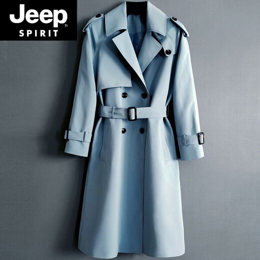 JEEP SPIRIT loose long windbreaker over the knee men's 2026 autumn and winter new style raglan fashion and exquisite commuter double row lengthened versatile jacket gray blue men's 2XL