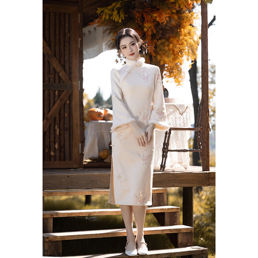 Du Yanzhi's new Chinese style improved winter velvet thickened trumpet sleeves warm cheongsam young suede daily retro dress off-white plus velvet 2XL 120-130Jin Jin is equal to 0.5 kg (height standard of 1.6 meters)