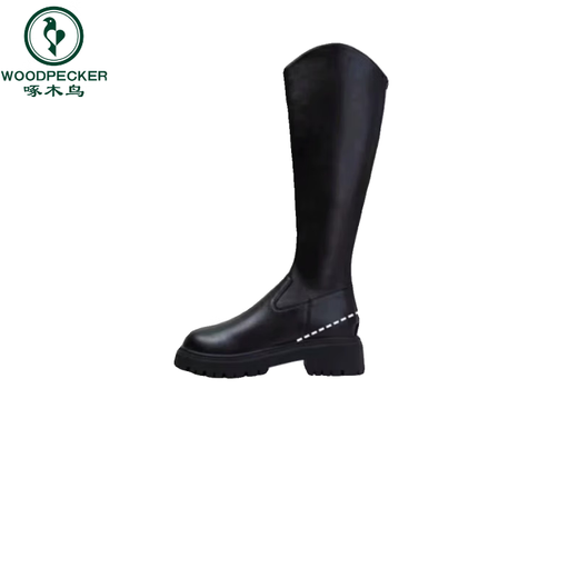 Woodpecker Brand Broken Genuine Leather Inner Heightened No-Knee Boots for Women 2025 Autumn and Winter Thick Heels Fashion Back Zipper Rider Boots Black (Single Liner) 37