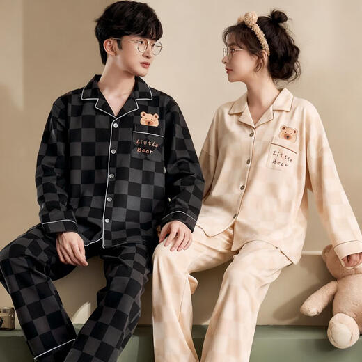 Bo Na Ling couple pajamas for one man and one woman, summer and autumn cardigan long-sleeved trousers, casual men and women can wear pajamas, home clothes set, couple pajamas bear style, men's XL
