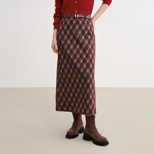 EP Yaying machine washable college style high waist loose brushed plaid skirt straight skirt 2025 winter new style 3512A burgundy M