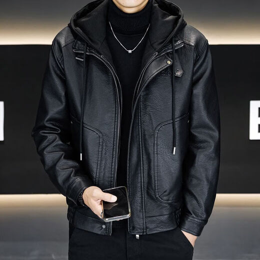 2025 New Fake Two-Piece Hooded Leather Jacket Men's Leather Jacket Fashion Casual Autumn and Winter Thickened Jacket Men Black Velvet 4XL Recommended Weight 160-175Jin Jin is equal to 0.5 kg
