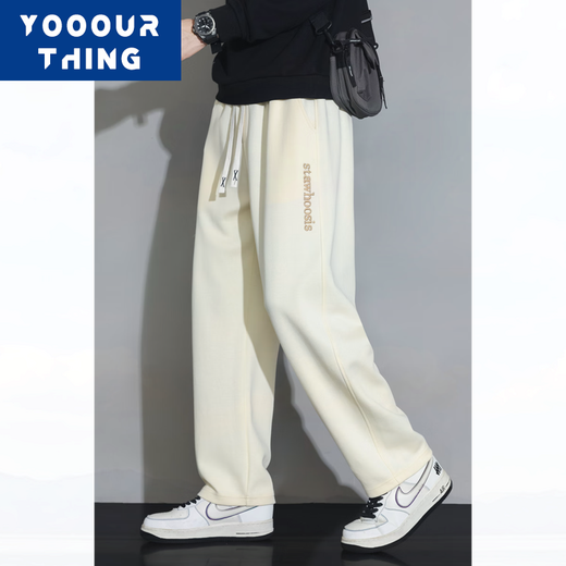 YOOOURTHING Casual Pants Men's Spring and Autumn Loose Fashionable Versatile Trendy Straight Plus Velvet Thickened Sweatpants Casual Pants Black (Regular Style) 2XL (Recommended 125-145 Jin Jin equals 0.5 kg)