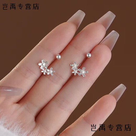 Flash engraved old phoenix same style pure silver 9999 flower earrings anti-allergic curved hook to support ear piercing pure silver earrings lucky come pure silver flower three curved hooks one pair high quality