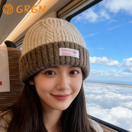 GRGN woolen hat women's winter warm knitted hat large head circumference thickened Baotou hat cold protection ear hat confinement hat
